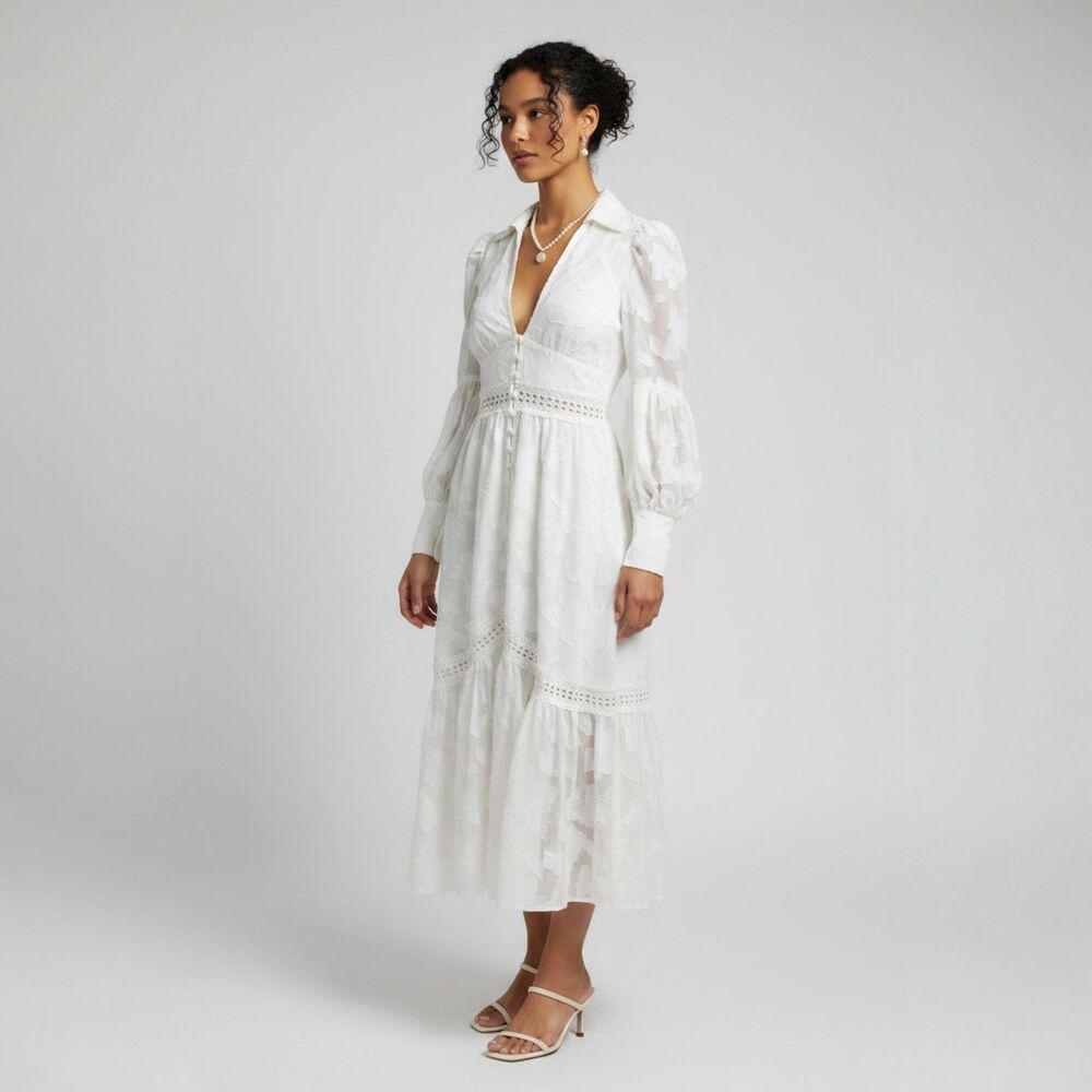 Asos Design Tiered Deep V-neck Maxi Dress Womens 2 Cream Ethereal Coquette Sheer
